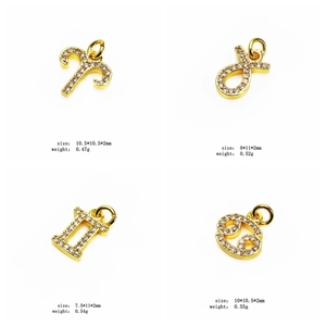 Detailed view of four golden zodiac pendants with micro-pave cubic zirconia and dimensions