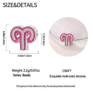 Pink enamel Aries zodiac charm detail with white zircon stones and size specifications
