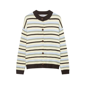 Women Knitted Cardigan Striped Polo Neck Long Sleeve Button Down Sweater Top Casual Loose Knitwear