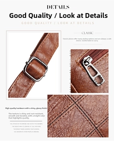 Detail view of adjustable metal buckle, smooth zipper, and lychee grain leather texture