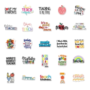 Close-up of waterproof teacher-themed cartoon stickers with vibrant educational quotes