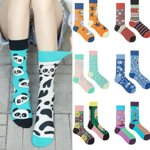 Asymmetric AB Crew Socks Cotton Blend Cartoon Jacquard Graffiti Pattern Fashion Mid Tube Casual For Men Women