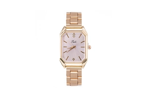 Detailed view of square rose gold quartz watch with purple sunburst dial and metal strap