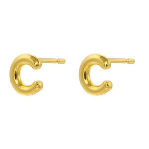 Close-up of polished 18K gold plated C-shaped letter stud earrings with metal texture
