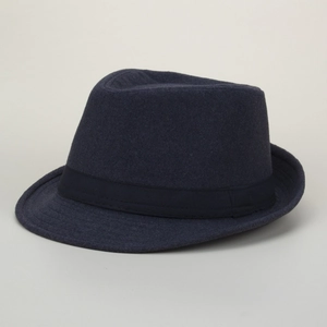 Detailed view of navy blue wool fedora hat with elegant ribbon band decoration