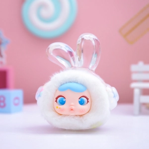 Detailed view of a cute blind box doll with blue eyes and white plush rabbit ears