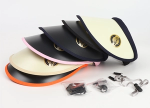 Close-up of UPF 50+ sun visors in various colors showing UV-protective fabric and chin strap
