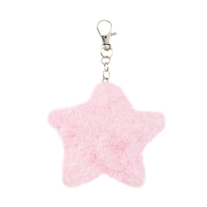 Pink plush star keychain with silver metal lobster clasp and fluffy soft texture