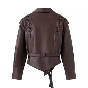 Deep brown women's PU leather jacket with back lace-up detail and belted waistline