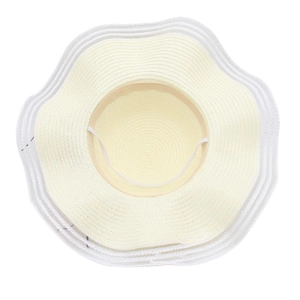 Détail d'un chapeau de paille crème avec bord ondulé et sangle élastique blanche