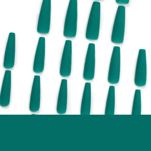 Extra long matte dark green coffin press-on nails set displayed on white background