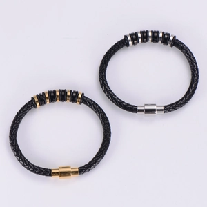 Men's braided leather bracelet set with gold and silver magnetic metal clasps