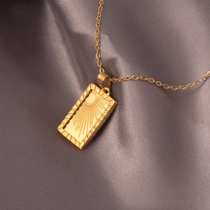 18k gold plated titanium steel necklace with sun embossed rectangular pendant