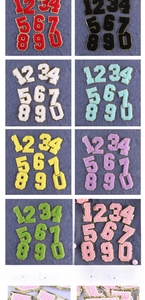 Dettaglio di toppe numeriche in ciniglia ricamata con bordo in paillettes dorate