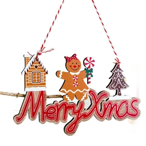Christmas wooden gingerbread man hanging ornament with Merry Xmas lettering and rope