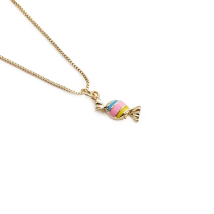 Detailed view of gold plated lollipop pendant with pink blue and yellow enamel stripes