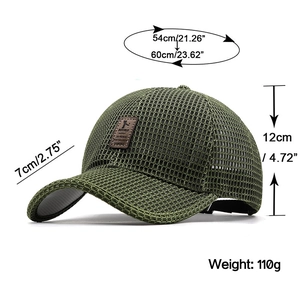 Detailed size chart of olive green mesh baseball cap with technical measurements