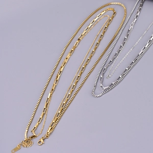 Three-layer stainless steel necklace set in 18K gold and silver tones with box chain