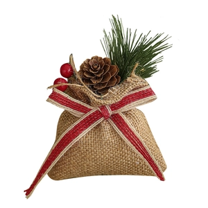 Christmas burlap gift bag with natural pine cones, red berries and striped ribbon bow