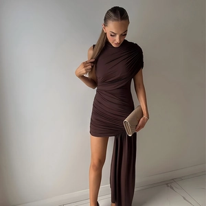 Detailed view of dark brown asymmetrical draped mini dress with one-shoulder design