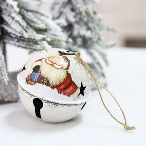 Vintage white metal Christmas bell with Santa pattern, star cutouts and jute rope