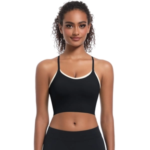 Front view of black sports bra with white trim and slim shoulder straps for yoga