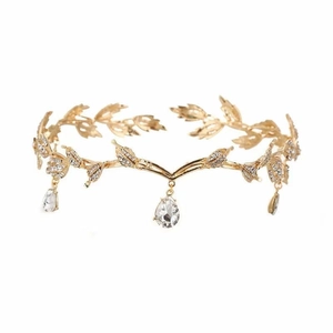 Elegant gold leaf bridal crown with crystal pendants for weddings and parties