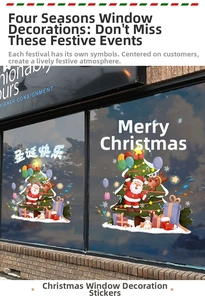 Detail of colorful Christmas window stickers with Santa Claus and reindeer on shop glass