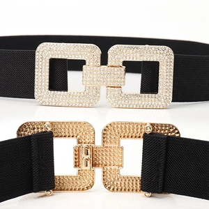 Elastic wide black belt for women with a gold square rhinestone metal buckle closure