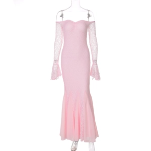 Close-up of pink lace shoulder-off dress detail showing intricate texture and stitching