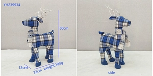 Detailed side view of 50cm blue plaid fabric Christmas reindeer with dimensions and weight
