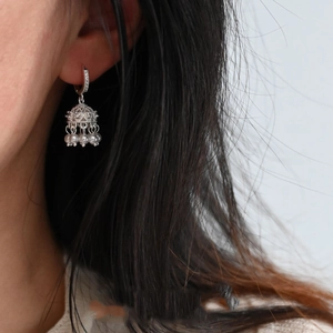Sparkling zircon bell-shaped pearl tassel earrings with hollow design and silver finish
