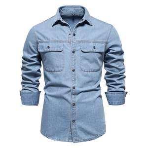 Chemise En Jean Pour Homme Manches Longues Coton Lavé Style Travail Coupe Slim Col Rabattu Double Poches
