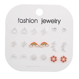 9-piece geometric stud earring set featuring gold and silver floral and rainbow designs