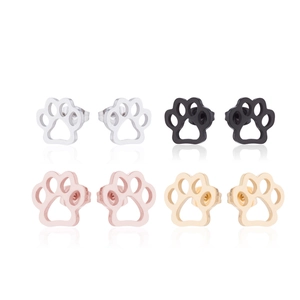 Symmetry hollow paw print stud earrings in silver, black, gold, and rose gold finishes