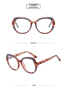 Detailed front and side views of leopard print TR90 geometric eyeglass frames