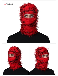Three-way view of big red fuzzy knitted balaclava mask showing front and side profiles