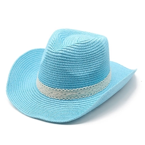 Sky blue straw cowboy hat featuring white lace trim for summer beach sun protection