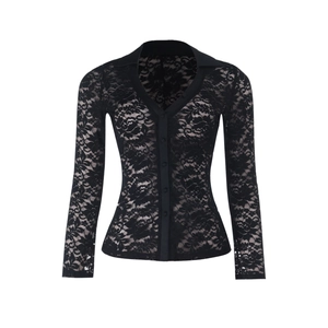 Macro detail of intricate floral lace texture on a black V-neck polo long sleeve top
