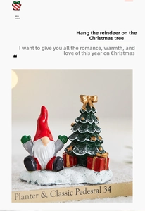 Detailed view of Christmas gnome figurine with decorated tree and gift boxes on snow base