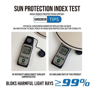 Beige UPF50+ sun visor hat showing UV protection test results from 1119 to 0 uW/cm2