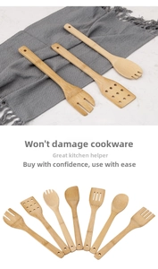 Detailed close-up of a 7-piece bamboo kitchen utensil set with varied slot designs