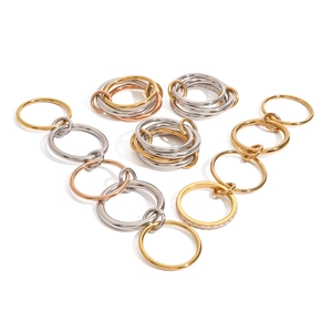Minimalist stackable stainless steel rings in gold, silver, and rose gold finishes