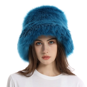 Detailed close-up of blue faux fox fur bucket hat showing soft plush texture and thick brim