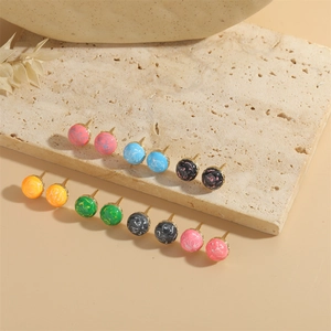 French Vintage Marble Texture Round Stud Earrings For Women Minimalist Copper Gold Plated Enamel Geometric Daily Jewelry