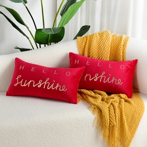 Red velvet lumbar pillow covers with golden HELLO Sunshine embroidery, set of two