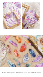 Macro detail of waterproof PET feather stickers with vibrant colors for scrapbooking