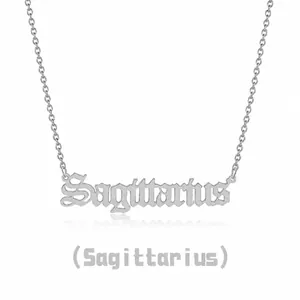 Detailed view of silver stainless steel Sagittarius zodiac pendant with gothic lettering