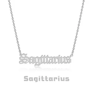 Detailed view of silver stainless steel Sagittarius zodiac pendant with gothic lettering