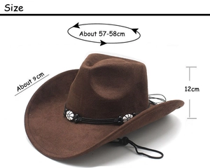 Spécifications de taille pour un chapeau de cow-boy en daim marron avec perles